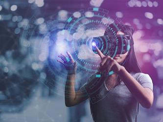 Woman with VR headset exploring the metaverse